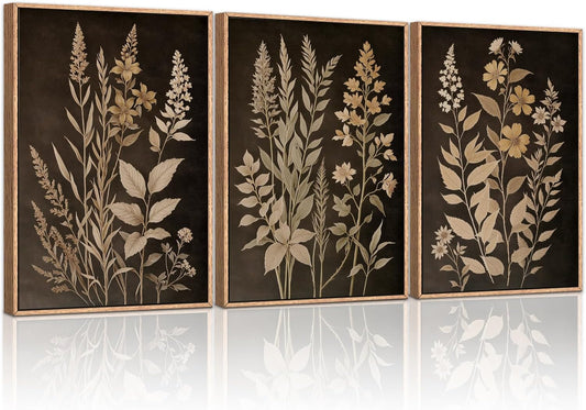 HLNIUC Vintage Botanical Fern Framed Canvas Wall Art Set,Black and Tan Plant Leaf Wall Decor,Netural Minimalist Herb Floral Art Print,Modern Farmhouse Wall Painting for Living Room,Bedroom - 16”x24”x3