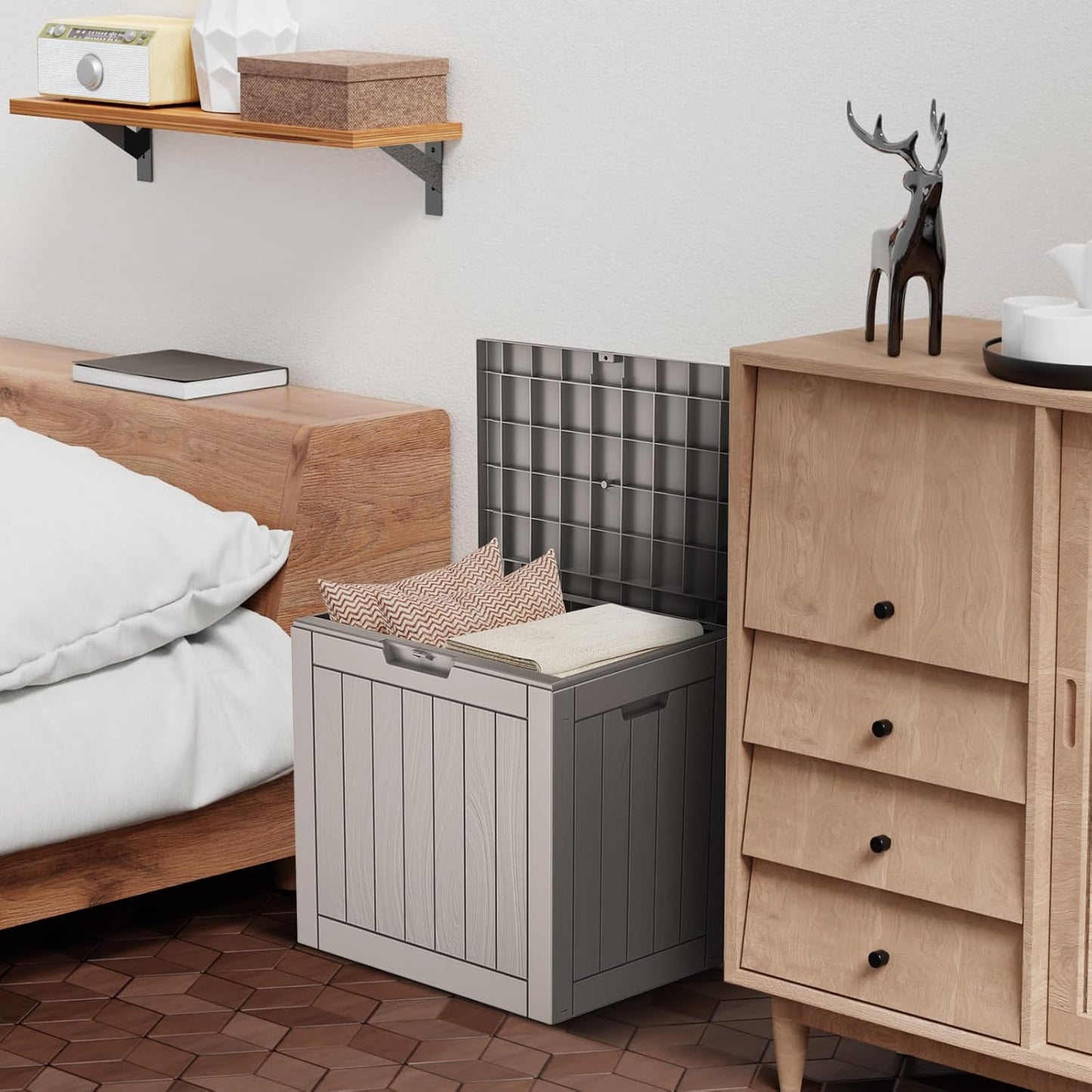 Vixzen 30 Gallon Resin Deck Box - Lockable Outdoor Storage for Patio Cushions, Garden Tools, Pool Supplies，Grey