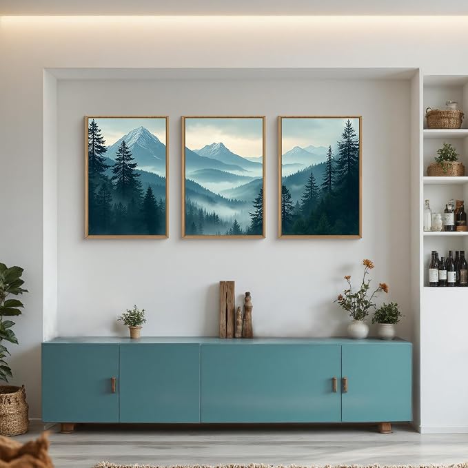 Large Misty Mountain Forest Framed Canvas Wall Art,Nature Pine Tree Wall Decor,Foggy Snow Woodland Painting,Watercolor Scenery Artwork for Living Room,Bedroom,Dining Room,Office -16"x24"x3