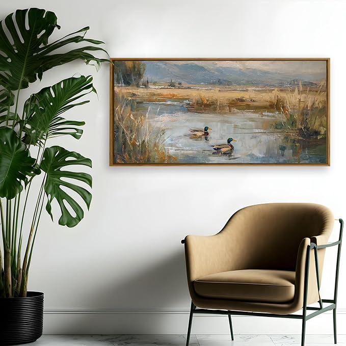 QTUSYUR Mallard Duck Pond Wall Art - Large Farmed Vintage Countryside Art Print -Wildlife Canvas Artwork for Farmhouse Cabin Bird Hunter- Rustic Lake Wild Ducks Wall Picture for Home Decor 20×40 IN