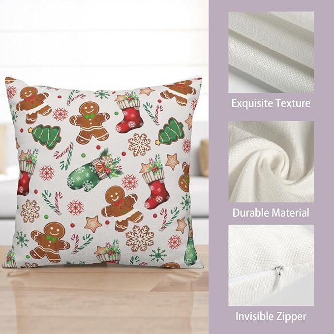 Christmas Pillow Covers 18x18 Set of 2 Gingerbread Man Throw Pillow Covers Xmas Tree Socks Gloves Snowflakes Pillow Case for Holiday Decor Couch Sofa