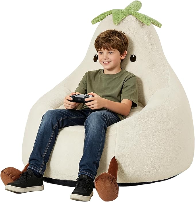 31 Inches Memory Foam Bean Bag Chair - Ultra Soft Faux Rabbit Fur Round Sofa with Handle & Machine Washable Cover, Eggplant-Shaped Kids Reading Chair for Bedroom, Living Room and Playroom, Beige