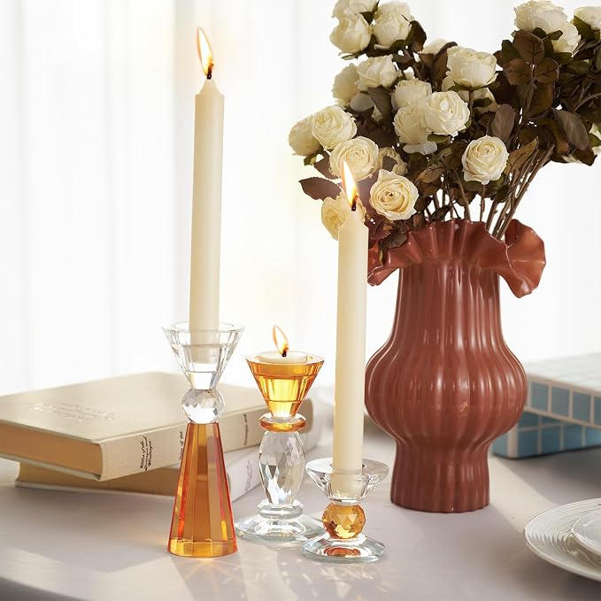 DN DECONATION Glass Candle Holder, Amber Clear Crystal Candlestick Holders | Set of 3, Tealight Candles Holder for Table Centerpiece Home Decor, Wedding Decorations Housewarming Gift Living Room Party