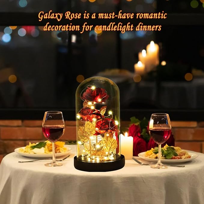 Valentines Day Gifts for Her,Beauty and The Beast Rose Birthday Gift,Galaxy Flower Rose with 2 Light Modes,Colorful Crystal Flower Enchanted Rose in Glass Dome,Womens Gifts for Mom Wife Girlfriend