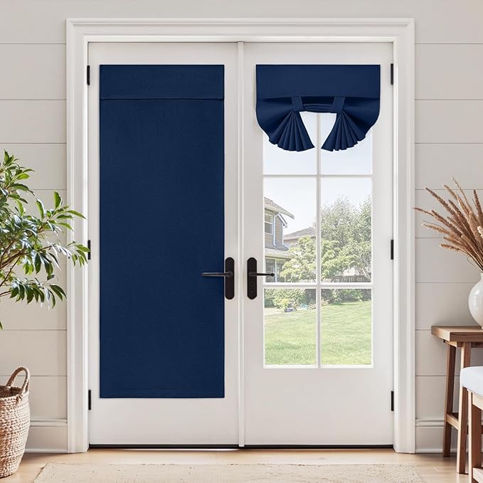 HOMEIDEAS 100% Linen Blackout French Door Curtains, Privacy Door Window Curtains, 26 X 40 Inch Room Darkening Blinds, Thermal Insulated Shades for Bedroom, 1 Panel, Navy