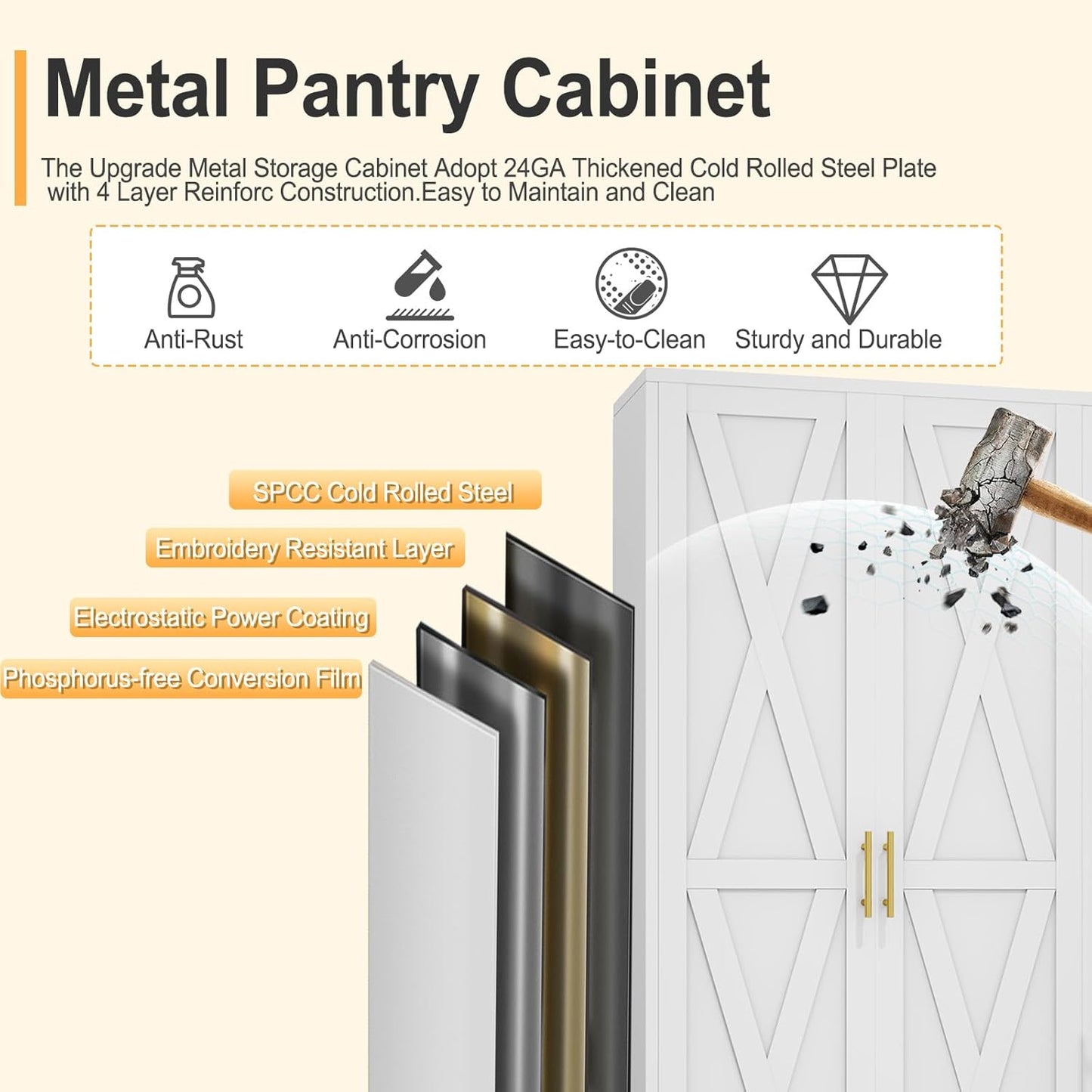 61" H Metal Kitchen Pantry Storage Cabinet, Freestanding Cupboard with 2 Doors and 3 Adjustable Shelves, Standing Storage for Kitchen, Bathroom, Garage, Dinning Room or Utility Room（White）