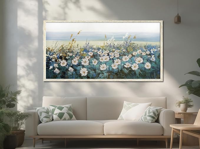Arjun Flower Wall Art Canvas Framed Daisy Floral Textured Painting for Living Room, Extra Large Bedroom Picture Artwork Dining Room Office Home Wall Decor, 58"x29"