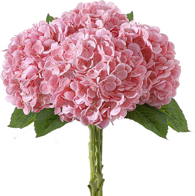 4 Pcs Artificial Hydrangea Silk Flowers with Stems, 19.7" Pink Faux Hydrangeas Bouquet, 240 Petals, UV Resistant & Waterproof Fake Flower for Outdoor Wedding Home Decor