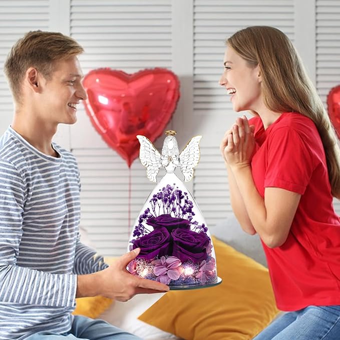 Mothers Day Rose Gifts for Women Preserved Real Flower in Glass Angel Figurines Roses for Delivery Prime Birthday Gifts for Mom Grandma Girlfriend Wife Her, Full Purple