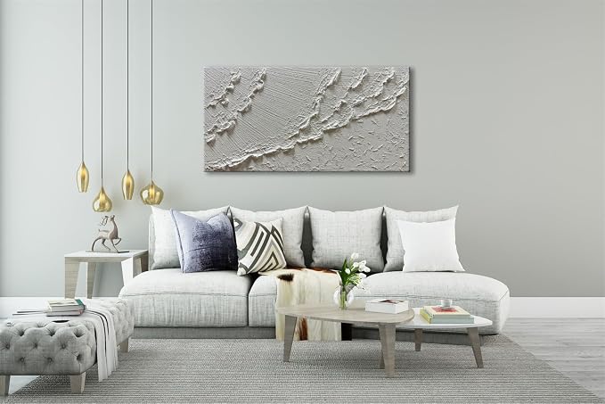 zoinart Hand Painted White Ocean Wave Wall Art 48x24 Inches Large Abstract Beach Textured Art 3D Modern Oil Paintings for Living Room Bedroom Wall Decor