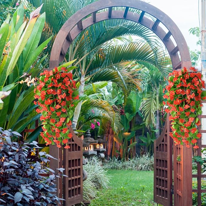 ZFProcess 2PCS Artificial Hanging Flowers, Fake Hanging Plants Violet Vines UV Resistant for Wall Home Room Garden Wedding Indoor Outdoor Spring Summer Decoration(Red)