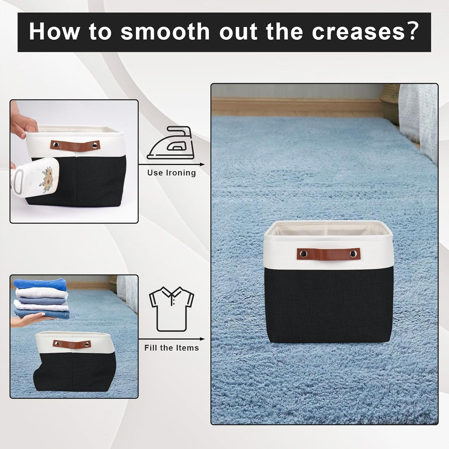 Storage Bins Large Fabric Storage Baskets for Shelves 3 Pack, Decorative Linen Closet Baskets with Handles for Organizing, Shelf, Clothes, Home, Office, 15x11x9.5Inches (Black&White)