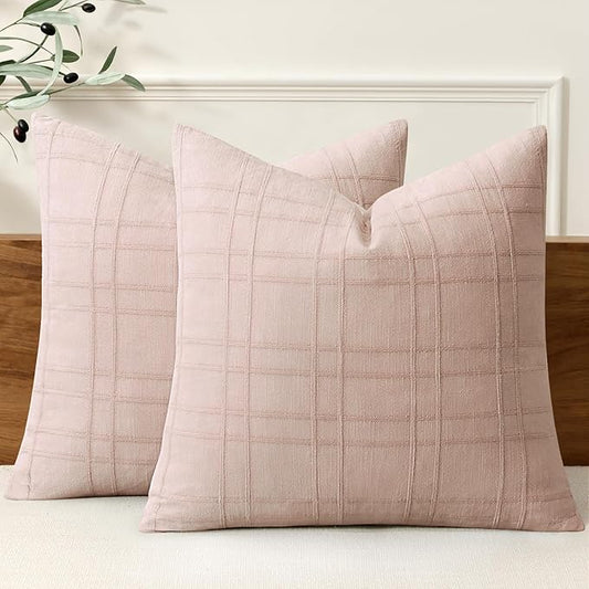 MIULEE Decorative Linen Check Throw Pillow Covers Neutral Farmhouse Vintage Spring Valentine Spring Pillow Covers 20x20 Set of 2 Boho Modern Home Decor for Sofa Couch Bedroom Cushion Light Pink
