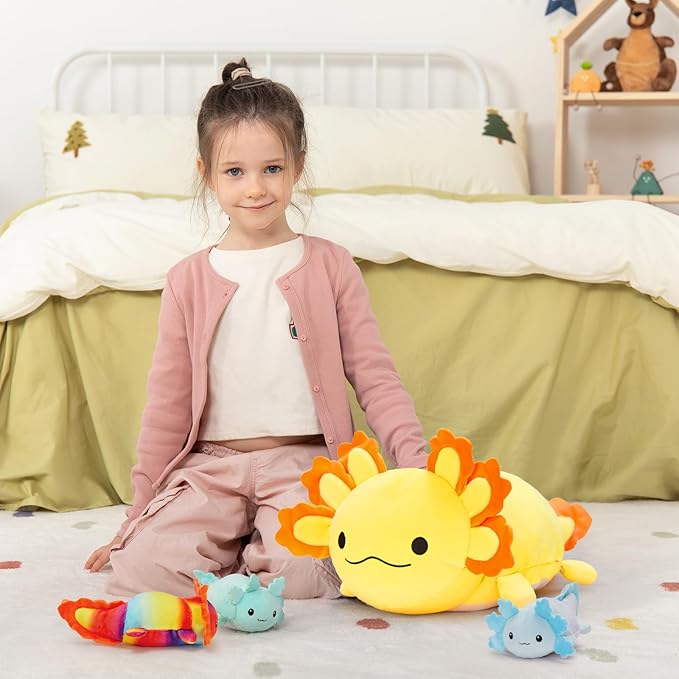 MaoGoLan 4Pcs Giant Axolotl Plush with 3 Babies Inside-23.5" Large Ultra Soft Axolotl Stuffed Animals Throw Pillow-Squishy Stuffed Axolotl Plush Collection Gift for Axolotl Lover,Kids,Teens,Yellow
