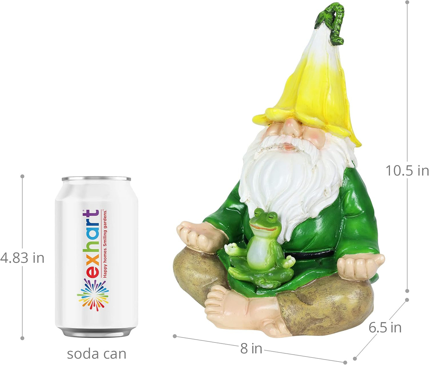 Exhart Solar Light-Up Meditating Gnome Statue w/LED Frog, Durable Resin Garden Décor, 8”x6.5”x10.5”