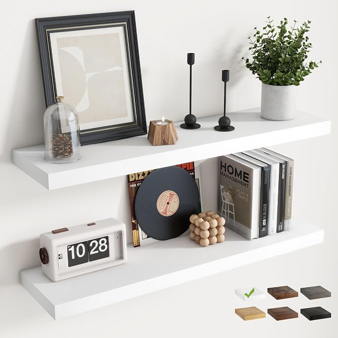 36 Inch Floating Shelves for Wall Set of 2, 8"D Wood Grain Bathroom Shelves with Invisible Brackets, Easy Install Engineered Wood Storage Shelves for Kitchen, Living Room, Bedroom, White Finish