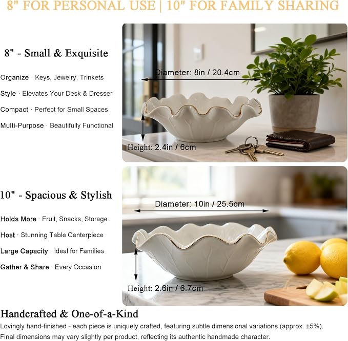 10 Inch White Ceramic Decorative Bowl, Large Shallow Bowl with Ruffle Lotus & Gold Trim - Fruit Display for Kitchen Counter, Modern Dining & Coffee Table Decor Centerpiece, Ideal Housewarming Gift ﻿