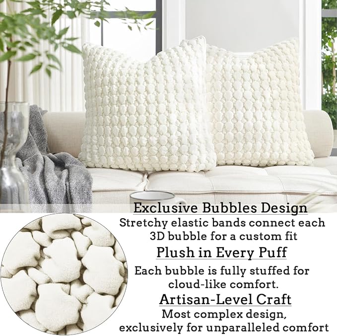 Pillow Covers 24x24 Set of 2 Velvet Euro Shams Decorative Farmhouse Pillowcases Boho Square Cushion Covers Soft Bubble Texture for Couch Sofa Bed Bedroom Car Living Room，Cream