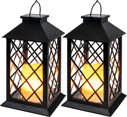 Homemory Solar Lanterns Outdoor Waterproof Hanging with Flickering Flameless Candles, 2 Pack 13'' Garden Outdoor Lantern Decorative for Patio Front Porch Backyard Balcony Cabin Outside Table(Black)