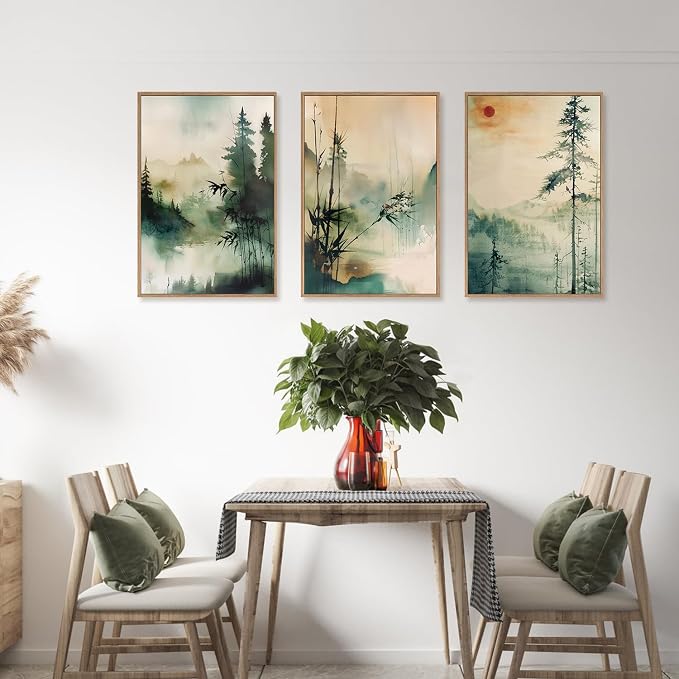 Chinoiserie Nature Framed Canvas Wall Art Set, Mountain and Forest Landscape Painting, Natural Bamboo Pine Tree Lakes Wall Decor for Living Room, Bedroom, Dining Room, Office-16 x24 x3