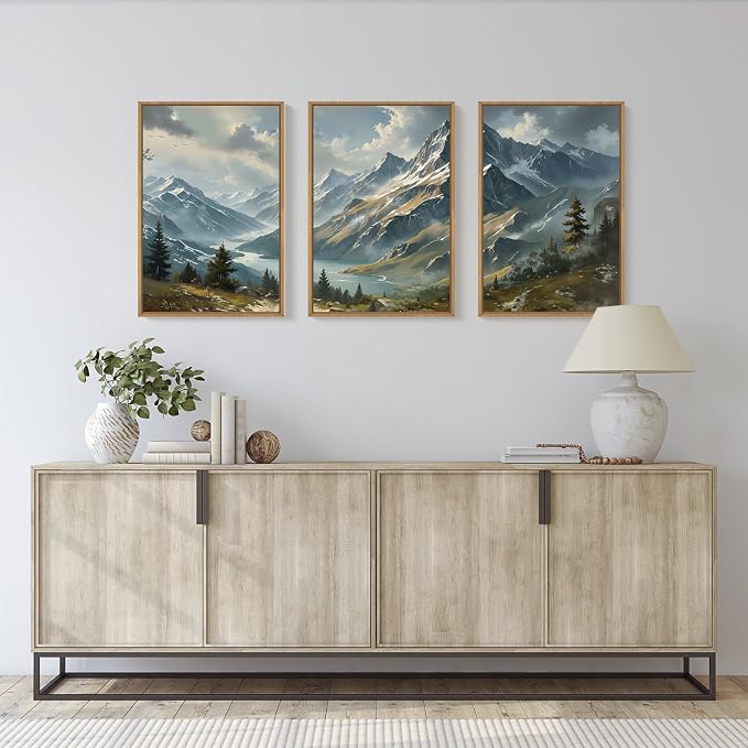 Nature Mountain Ridge Framed Canvas Wall Art Set, Boho Forest Landscape Wall Decor, Misty Woodland Cloud Wall Painting, Modern Pine Tree River Art Print for Living Room, Bedroom, Office -16"X24"X3