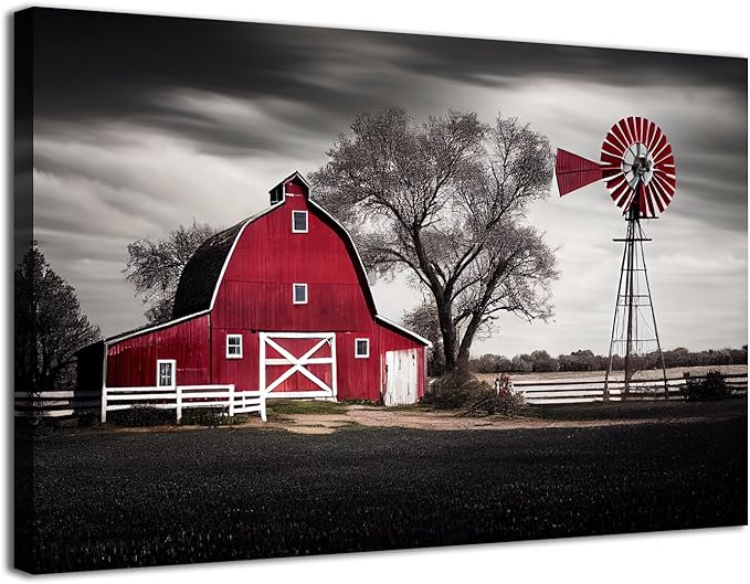 Large Barn Picture Wall Decor Rural Country Red Windmills Canvas Wall Art for Living Room Retro Farmhouse Black and White Cabin Painting Rustic Western Scenery Posters Bedroom Home Decorations 32x48"