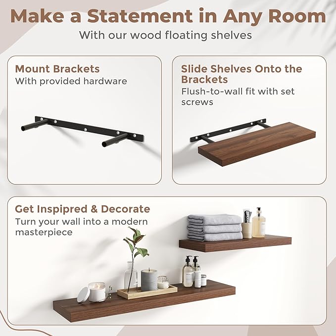 8 Inch Square Floating Shelves for Wall 3 Pack, 8"D Wood Grain Bathroom Shelves with Invisible Brackets, Easy Install Engineered Wood Storage Shelves for Kitchen, Living Room, Bedroom, Walnut Finish