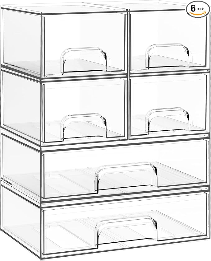 Criusia Stackable Storage Drawers, 6 Pack Clear Plastic Makeup & Bathroom Organizer, Versatile Storage Bins for Vanity, Under Sink, Kitchen Cabinets & Pantry