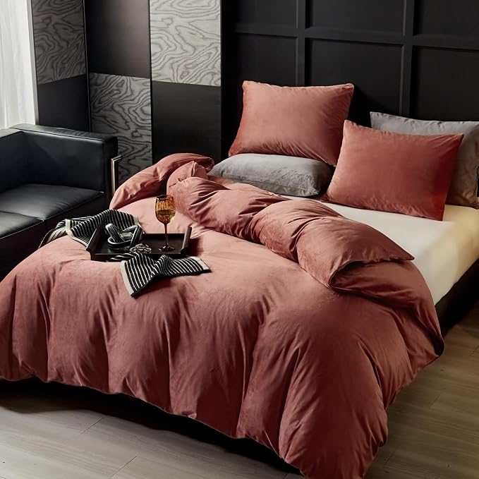 WARMDERN Blush Pink Flannel Velvet Duvet Cover King Size Duvet Cover Bedding Sets, 3pcs Ultra Soft Luxury Textured Modern Crystal Velvet Duvet Covers with Zipper Closure(Blush Pink, King)