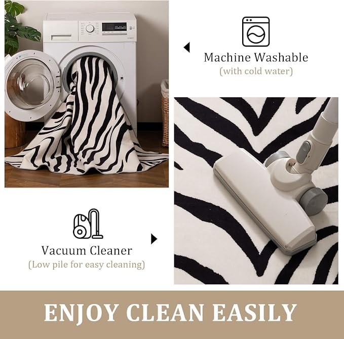 YIHOUSE Washable Area Rugs 5'x7', Black and Beige Modern Zebra Rug for Living Room, Bedroom, Ultra Thin Animal Stripe Print Rug for Girls Boys Nursery, Playroom, Dorm Room