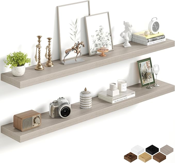 Fun Memories 55Inch Long Floating Shelves, 8 Inch Deep Shelves for Bedroom|Living Room, Wall Mounted Wood Hanging Shelf with Invisible Brackets for Fireplace Mantel Home Storage Decor, Grey - 2 Pack