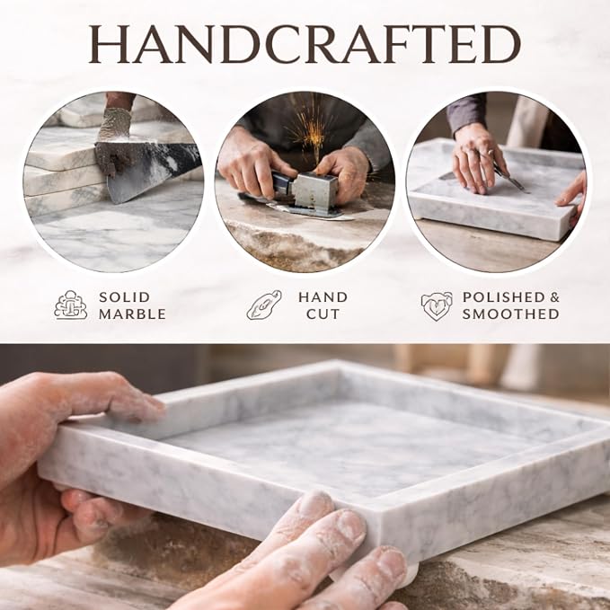 Natural White Marble Tray, 12" x 8", Rectangular | Stone Organizer, For Bathroom, Kitchen, Vanity, Desktop, For Coffee Table, Dresser, Nightstand