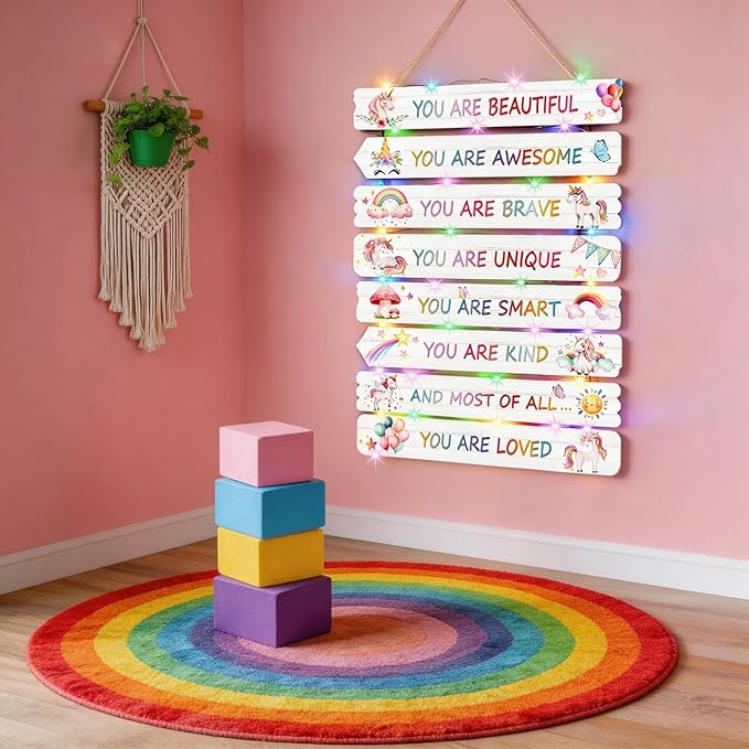 Vintage Classic Unicorn Sign Nursery Wall Decor Set of 8 with LED Lights, 11.4x2 Pink Cute Plaque Wall Art for Baby Girl Kid Teen Toddlers, 8 PCS Positive Wooden Quote Gift for kawaii Fairy Room