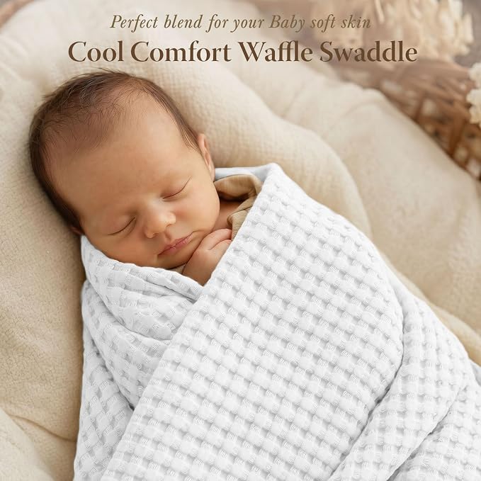 Threadmill Cooling Waffle Baby Blanket | Made from Rayon Derived from Bamboo | Breathable Swaddle Blankets for Newborns | 41 x 37 Inches|Ultra-Soft Baby Wrap for Boys & Girls|Registry Essential| White