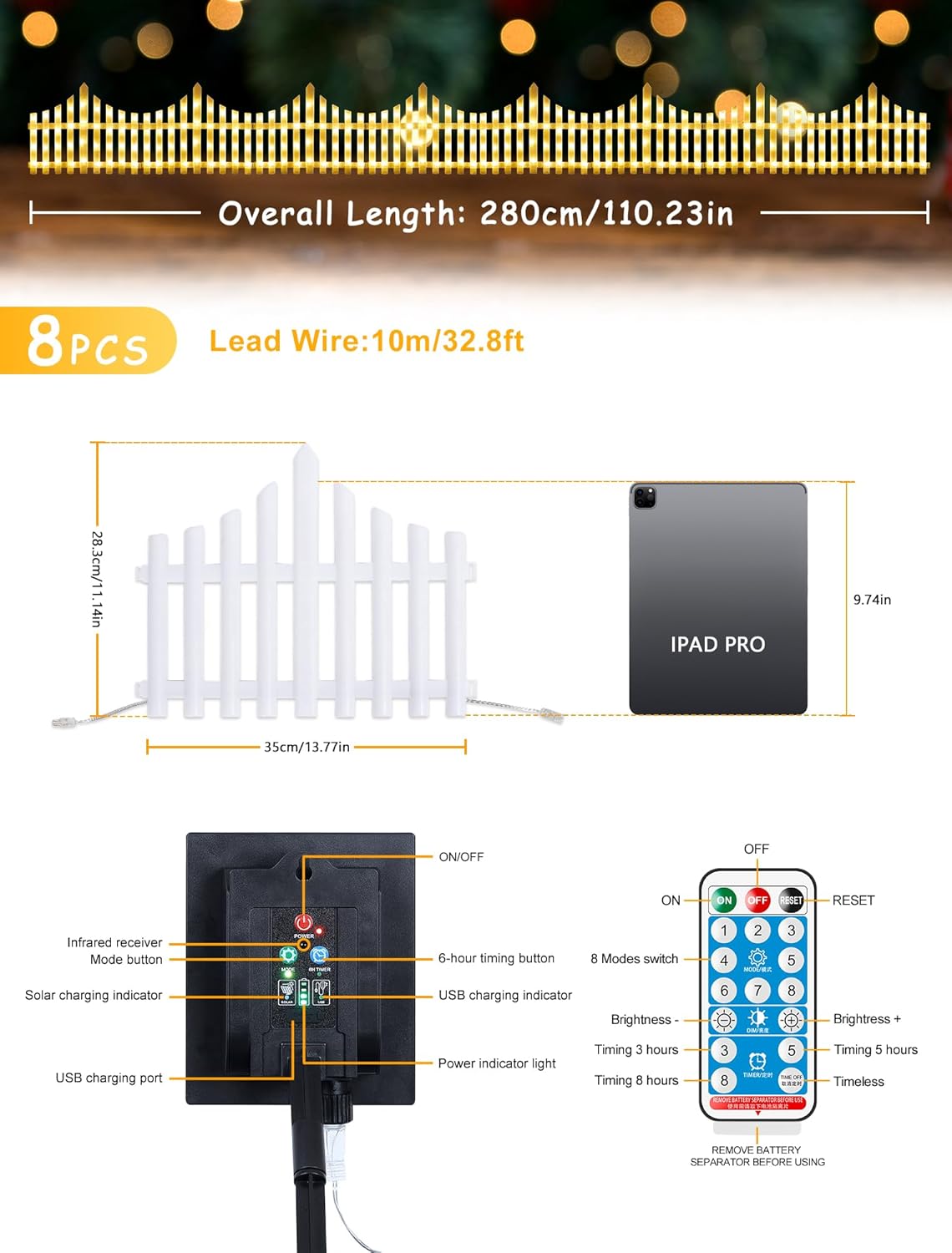 Hopolon 8 Pack White Picket Fence for Garden, 11.1in (H) X 9.1ft (L) Garden Fence Border with 144 Led Solar Lights and Remote, Decorative Mini Pocket Fence for Small Flower Path Tree Yard Pet Barrier
