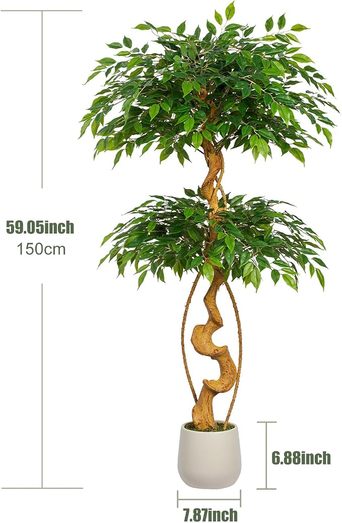 5FT Artificial Ficus Tree, 60in Fake Silk Tree with Natural Curved Trunk & 1488 Lush Leaves, Floor Faux Plant with White Pot, Low Maintenance Decor for Home, Office, Patio