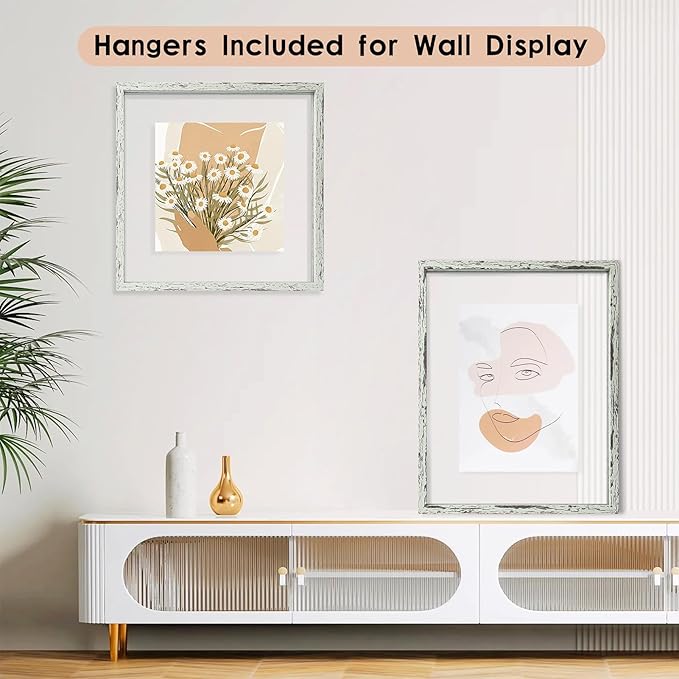 MUYE 12x12 Floating Frame Distressed Sage Green Wood Pattern Double Glass Square Picture Frame Set of 2 Display Any Size Photo up to 12x12,Wall Mount or Tabletop