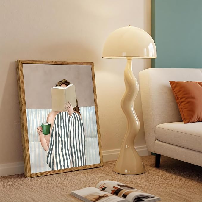 Framed Trendy Preppy Canvas Wall Art, Woman Reading Book with Coffee Pictures Wall Decor Paintings, Blue and White Striped Prints Girly Home Decor for Living Room Bedroom Dorm 12x16 inch