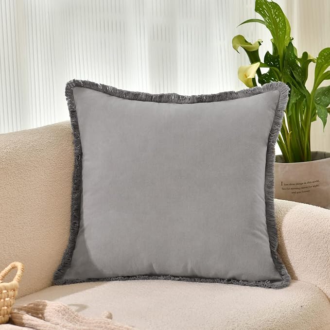ZWJD Pillow Covers 18x18 Set of 2 Gray Throw Pillow Covers with Fringe Chic Cotton Decorative Pillows Square Cushion Covers for Sofa Couch Bed Living Room Farmhouse Boho Decor