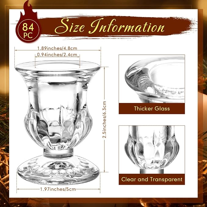 84 Pcs Clear Glass Candlestick Holders Taper Candle Holder Bulk 2.5 Inch Candle Stick Holder for Table Centerpiece Mantel Wedding Housewarming Gift Rustic Vintage Valentines Dinning Decoration (Clear)