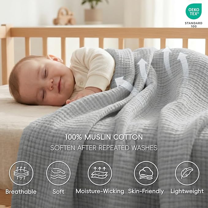 David's Home 100% Natural Cotton Muslin Blanket King Size, 4-Layer Soft Breathable Lightweight Cozy Throw Guaze for Hot Sleepers, 3D Bubble Room Decor for Bed Couch, Giftable, Dark Grey, 108"x90"