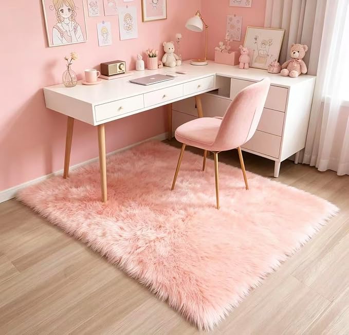 Faux Fur Rug Fluffy Sheepskin Area Rug,Ultra Soft Shaggy Plush Rug Bedroom Living Room Sofa Floor Kids Room Bedside（2 x 4 ft Rectangle Pink）