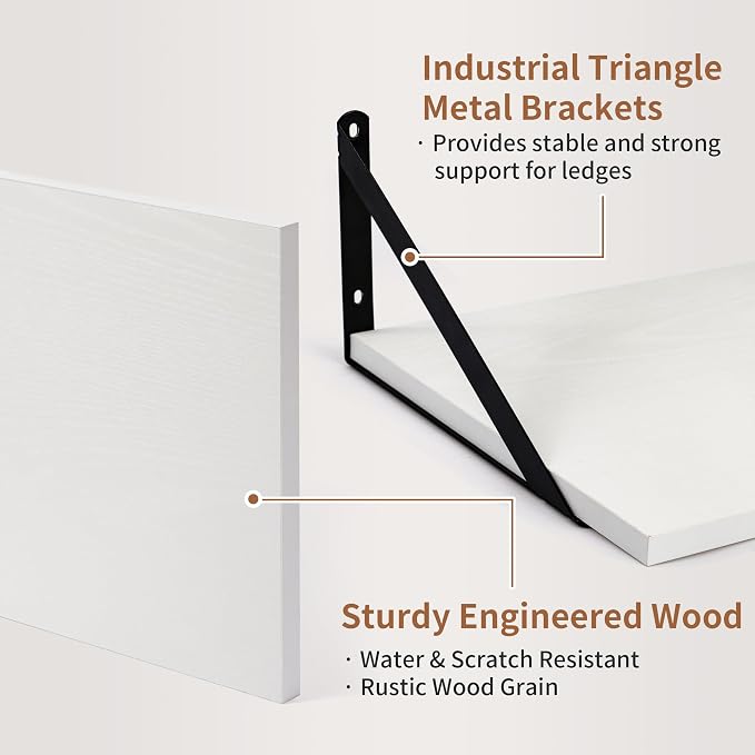 Axeman Deep Floating Shelves - 16 Inch Wide x 12 Inch Deep White Wall Shelves Set of 2-12 Inch Deep White Wood Shelves for Wall Storage & Decor
