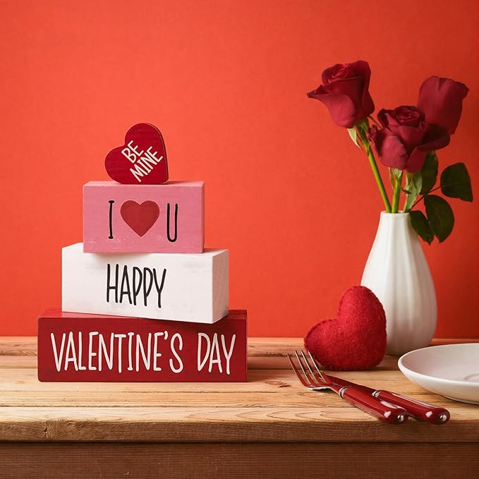 Smile Valentines Day Wooden Decoration, I Love U Happy Valentine's Day, Gift Box for Girlfriend Boyfriend Husband Wife Desk Sign Decor Home Office