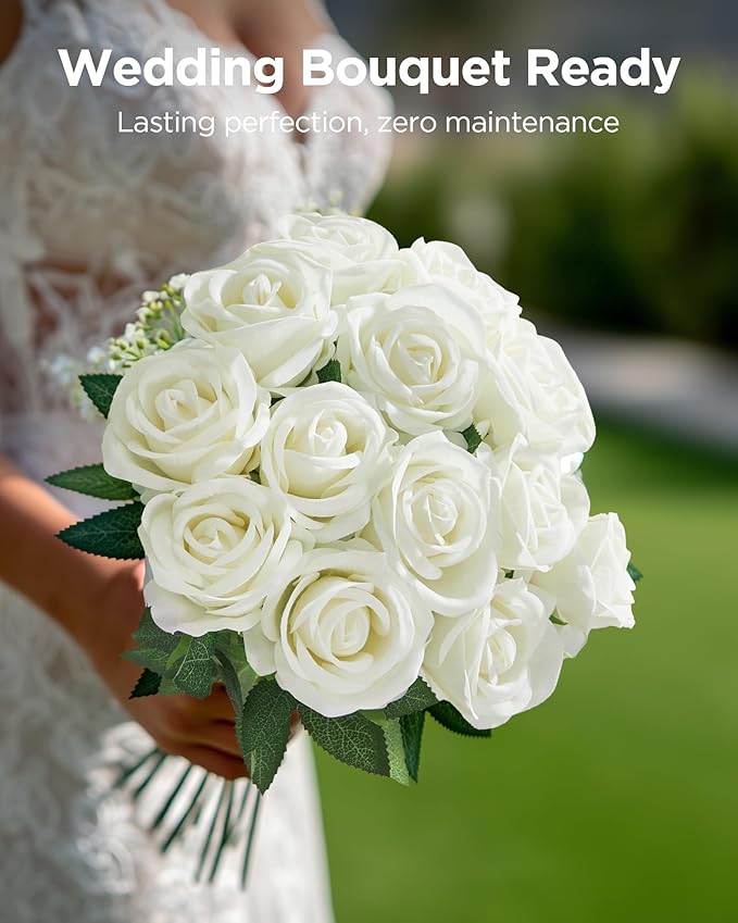 InnoGear 100 Pcs White Roses Artificial Flowers, Fake Velvet Silk Rose Bulk Faux Flower for Decoration DIY Wedding Centerpieces Proposal Bridal Bouquets Shower Party Home Floral Decor (100, White)