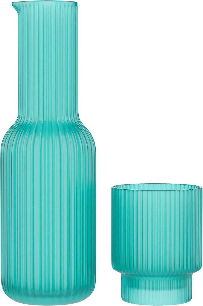 American Atelier 30 oz Ribbed Glass Water Carafe Set with Tumbler, Set of 2 – 10" Easy Pour Spout, Cup for Office, Kitchen & Bedside Use, Stylish and Functional Drinkware (Aqua Blue)