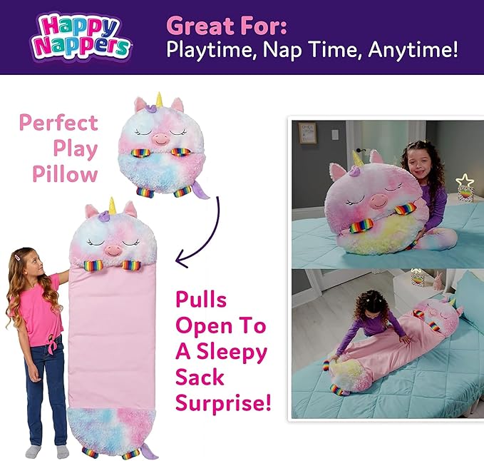 Happy Nappers: Pillow & Sleepy Sack: Medium - Rainbow Unicorn - 54 x 20, Plush Animal Character, 2-in-1 Pillow Sleeping Bag, Play, Kids Ages 3+