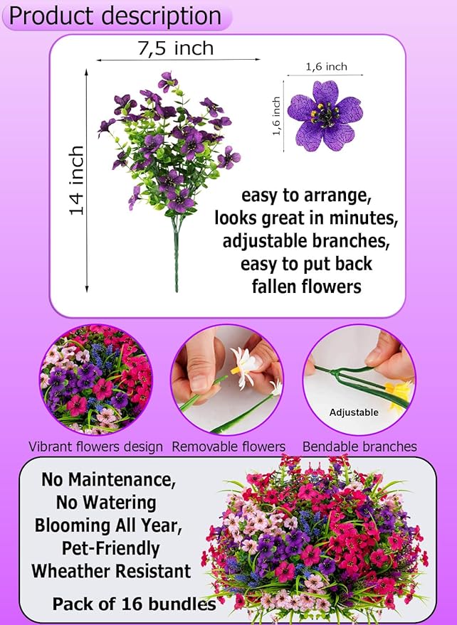 AXYLEX Artificial Flowers Outdoor Shrubs - 16 Bundles Fake Plants UV Resistant No Fade Faux Plastic Greenery Home Garden Porch Patio Decoration Office Indoor (1, Multi-16pcs)