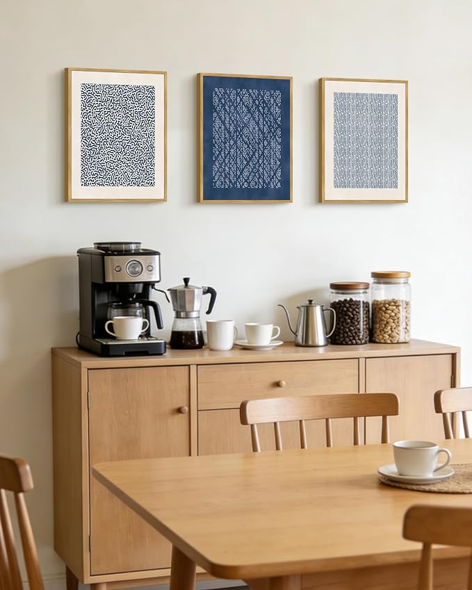 PHOPAGO Neutral Abstract Framed Wall Art Bohemain Blue Mid-Century Wall Decor Modern Blue Mid-Century Geometric Art Paints for Kitchen Dining Room - 11x14in Natural Framed