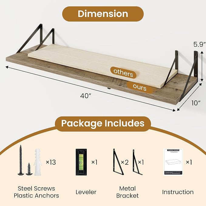 Acovy Floating Shelves for Wall,40" Wall Mounted Shelves Set of 2,Long Wood Floating Shelves,Hanging Wide Display & Storage Shelf with Metal Brackets for Bathroom,Bedroom,Kitchen,Living Room,Grey